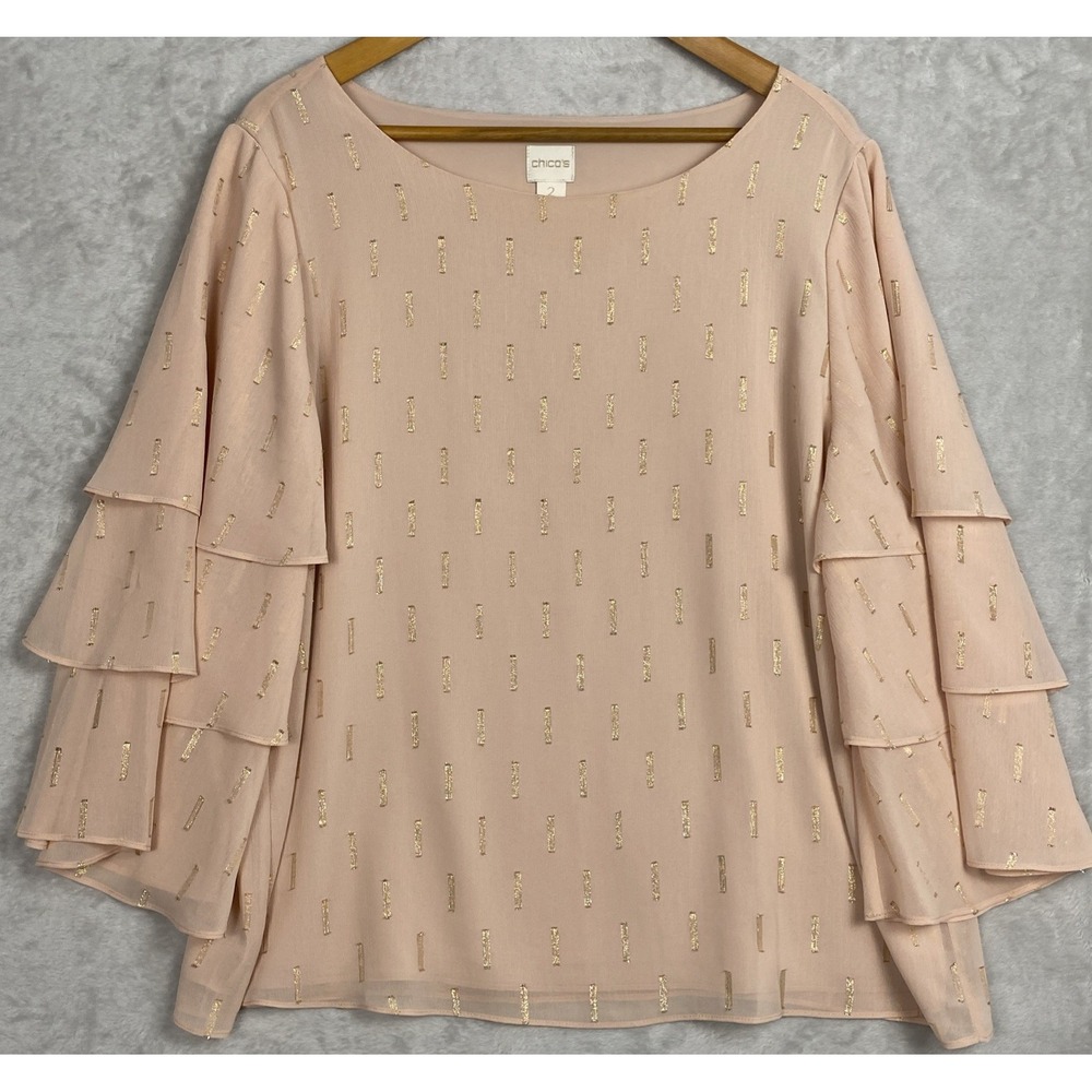Chico's Womens Fairy Top Peach Gold Large 12 /2 Ruffles Sleeves Easter Blouse - Picture 1 of 7